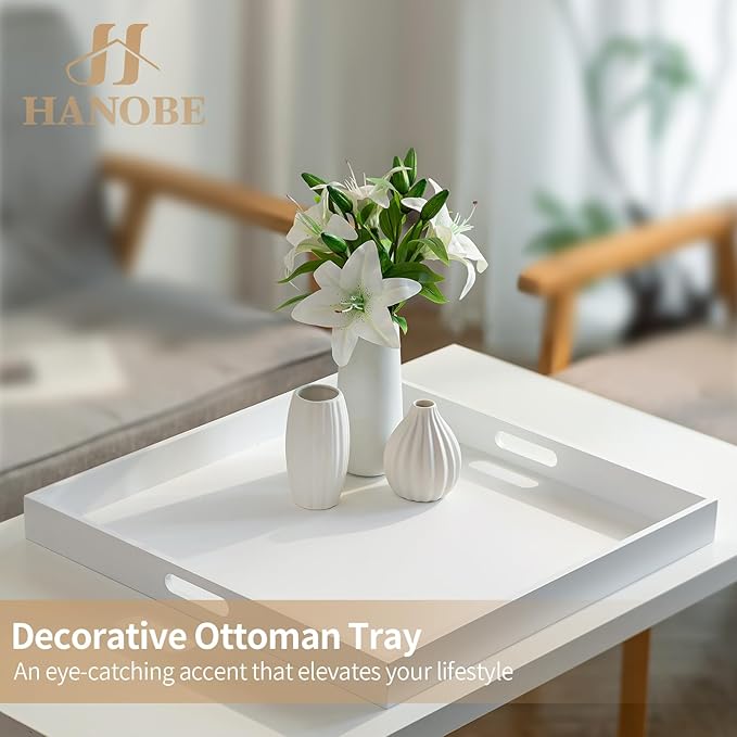 Hanobe Square Large Ottoman Tray: Modern Extra Large White Serving Decorative Trays with Cutout Handles for Living Room Coffee Table Home, 20"