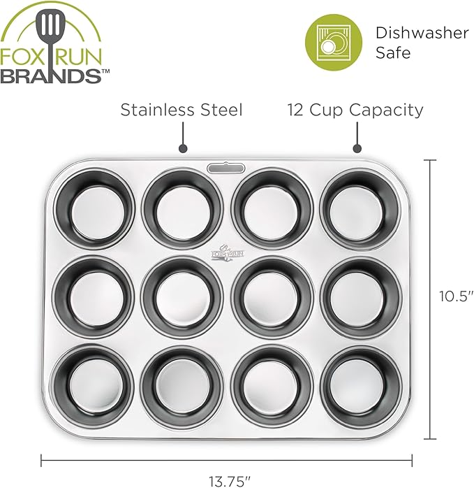Fox Run Muffin and Cupcake Pan, 12 Standard Cup, Stainless Steel