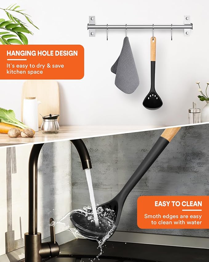 Large Silicone Ladle Spoon for Soup, Non Stick Kitchen Utensils with High Heat Resistant, BPA Free, Perfect Kitchen Tools for Cooking, Stirring,Serving Soups, 13.2inch (Black)