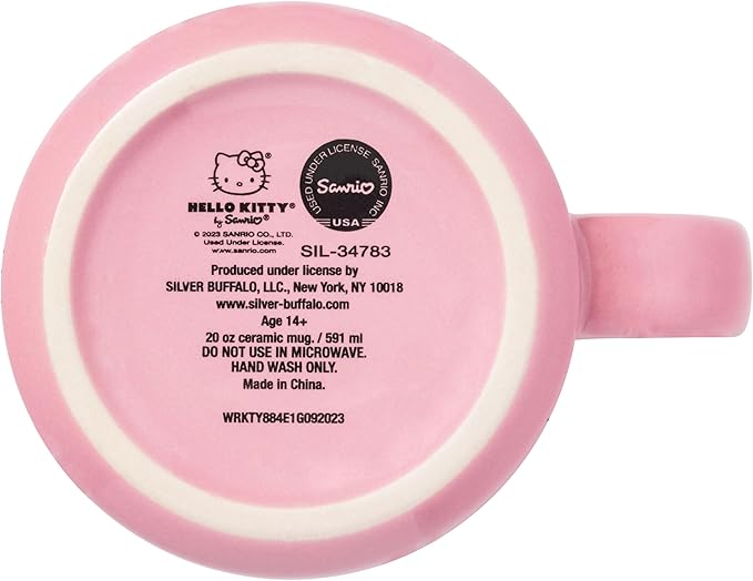Silver Buffalo Sanrio Hello Kitty Red and Pink Heart, Bow, and Apple Balloons Glitter Pattern Featuring Joey the Mouse Ceramic Camper Mug, 20 Ounces