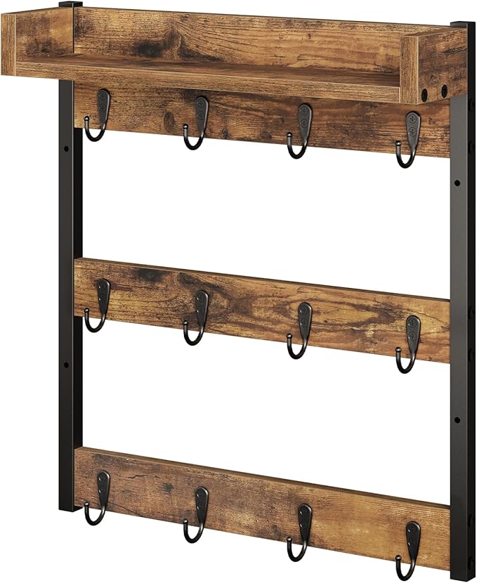 Coffee Mug Holder Stand, 3 Tier Mug Tree Rack, Hanging 12 Cups, with Top Shelf, for Kitchen, Dining Room, Living Room, Cafe, Rustic Brown MH42BR