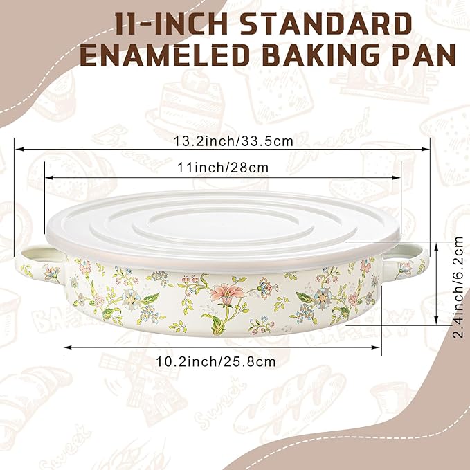 11 Inch Enamel Pie Pan Vintage Art Enamel Non-stick Baking Dish Oven and Dishwasher Safe for Turkey Pizza Desserts Easter Gift for Wife Baking Dish(Floral Print Style)