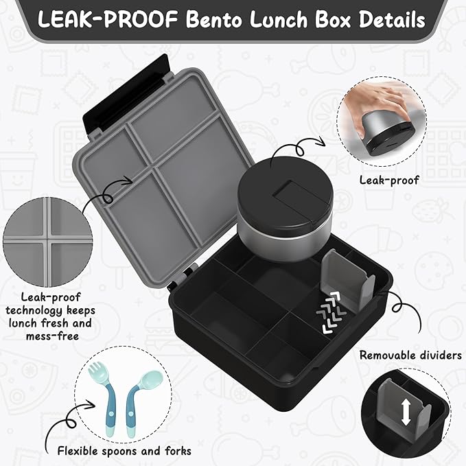 Bento Lunch Box Kids with 8oz Soup Thermo, Leak-Proof Lunch Containers with 4 Compartment, Thermo Hot Food Jar and Insulated Lunch Box for School Black
