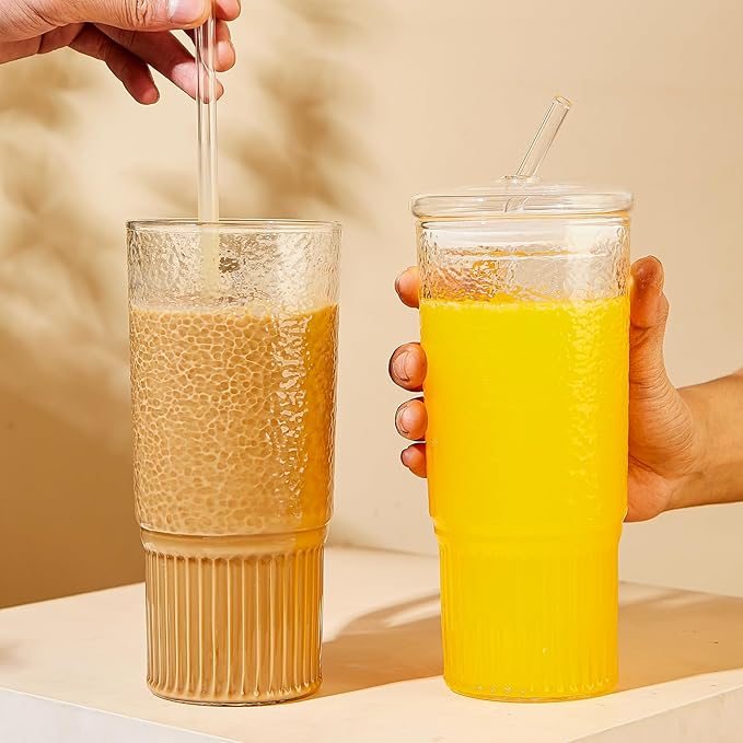 Glass Cups with Lids and Straws,24oz Glass Tumbler with Handle Iced Coffee Cup for Coffee,Juice,Tea,Milk,Smoothie,Hot & Cold Drinks (Clear)