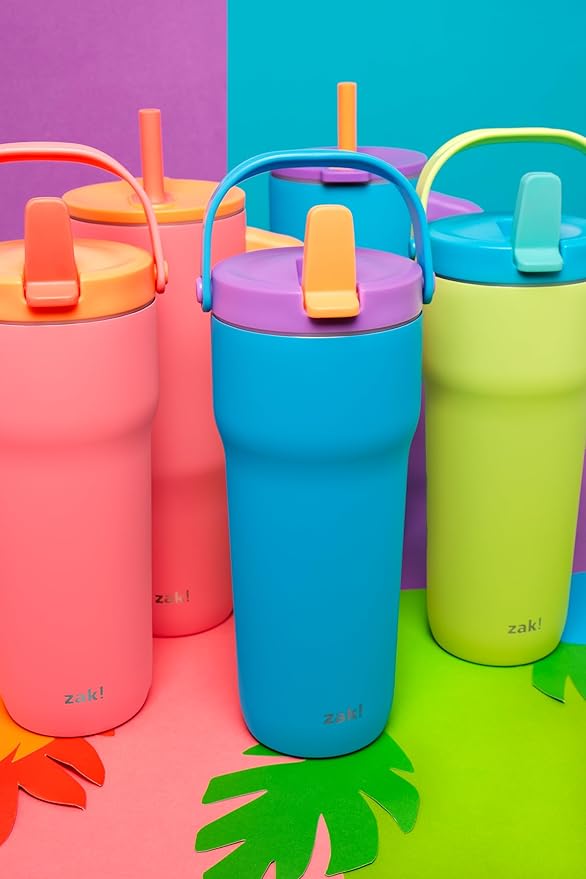 Zak Designs Sutton Travel Tumbler for On the Go, 30oz Stainless Steel with Vacuum Insulation, Straw Spout, Carry Handle for Cold Drinks (Turquoise)