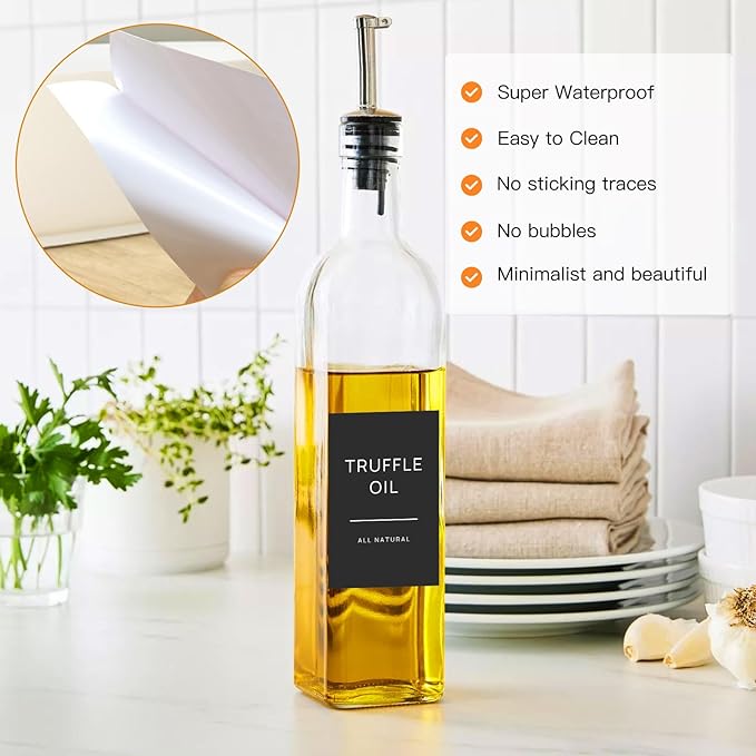 50 Oil and Vinegar Labels for Bottles,Preprinted Condiments Label Stickers for Organizing Oil Dispenser Bottles, Black Matte Minimalist Oil Jar Labels