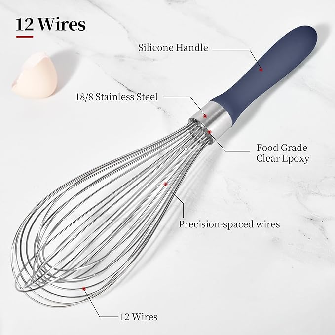 12inch Kitchen Wire Whisk, 18/10 Stainless Steel Metal Balloon Wisk （Large, Midnight Blue）