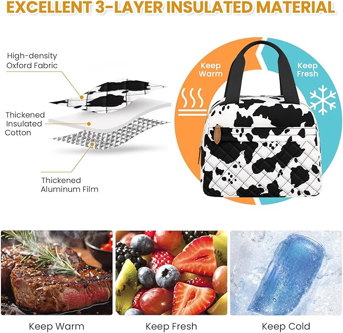 Insulated Lunch Bag for Women, Portable Lightweight Lunch Box for Adults, Reusable Small Lunch Tote Cooler Bags with Front Zipper Pocket for Work School Picnic(Cow)