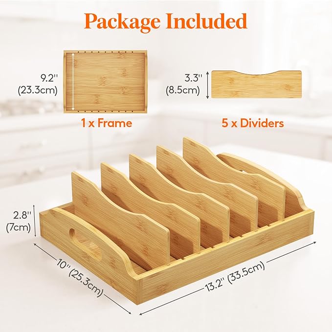 Lifewit Bamboo Lid Organizers for Inside Cabinet, Food Storage Container Lid Holder with 5 adjustable Inserts & 6 Compartments, Lid Storage for Kitchen Pantry Organization, 13.2" x 10"/34 x 25cm