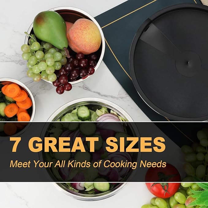 7 Piece Mixing Bowls with Lids Set - Mixing Bowls Stainless Steel Bowls for Kitchen Baking, Size 0.7, 1.1, 1.5, 2.1, 3.5, 4, 4.5QT, Baking Bowl for Food Preparation, Mixing and Serving Foods