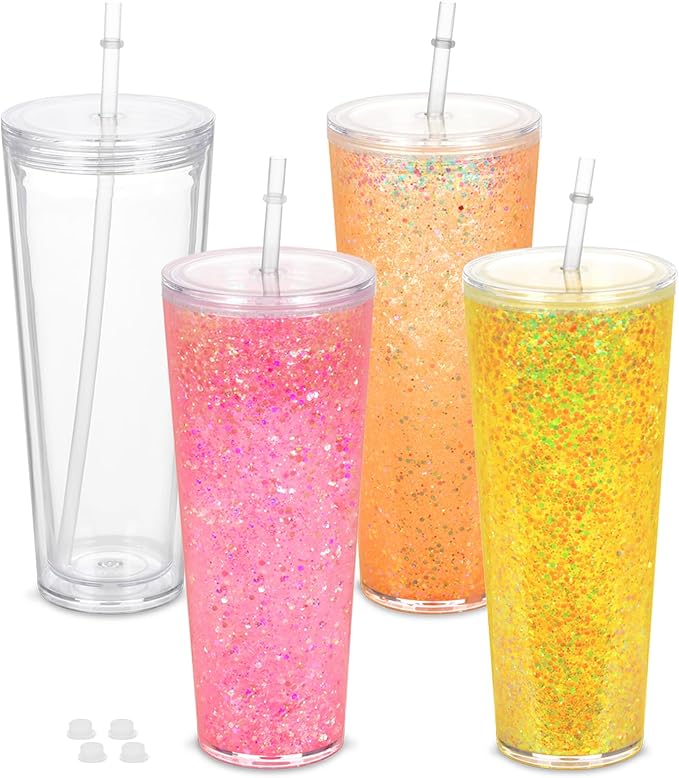4 Pack 24Oz Snow Globe Tumblers, Double Wall Acrylic Snowglobe Cup with Pre Drilled Hole, Lids, Straws and Plug, Reusable Clear Plastic Tumbler for Snow Globe Glitter DIY