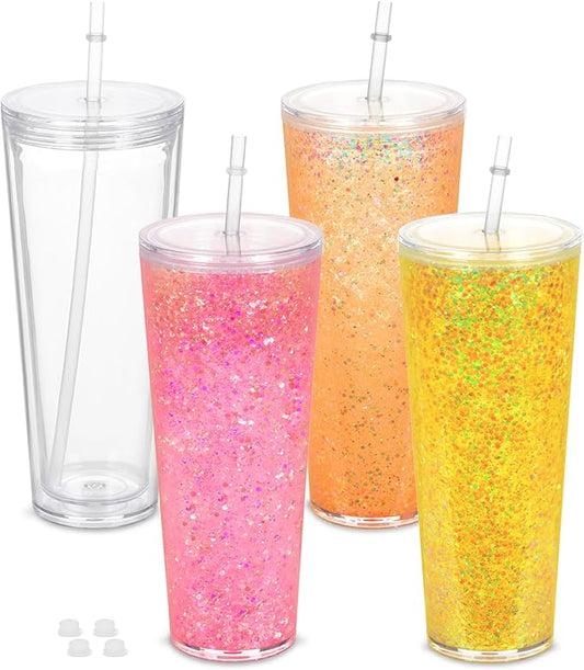4 Pack 24Oz Snow Globe Tumblers, Double Wall Acrylic Snowglobe Cup with Pre Drilled Hole, Lids, Straws and Plug, Reusable Clear Plastic Tumbler for Snow Globe Glitter DIY