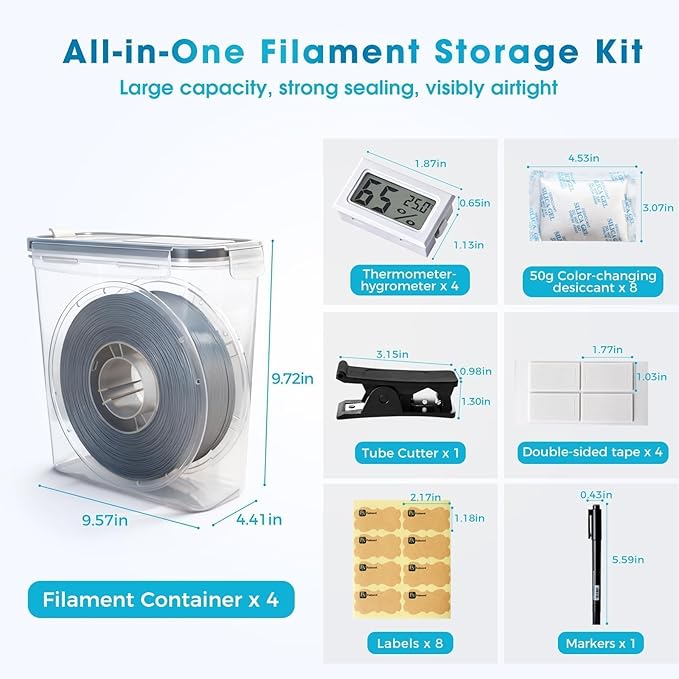 Filament Storage Box - 4 Pack 4L 3D Printer Filament Containers with 4 Hygrometers, Airtight Dry Boxes for Sealing and Protection, Water-Proof & Dust-Proof, Reusable Desiccant, Tube Cutter & Labels