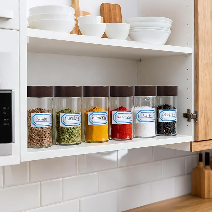 Segarty 3oz Spice Jar with Wood Lids, 6 Pack 90ml Glass Round Condiment Jars with Lids, Clear Empty Seasoning Containers Cereal Containers Storage Set, Small Spices Bottles with 7 Stickers, 1 Brush