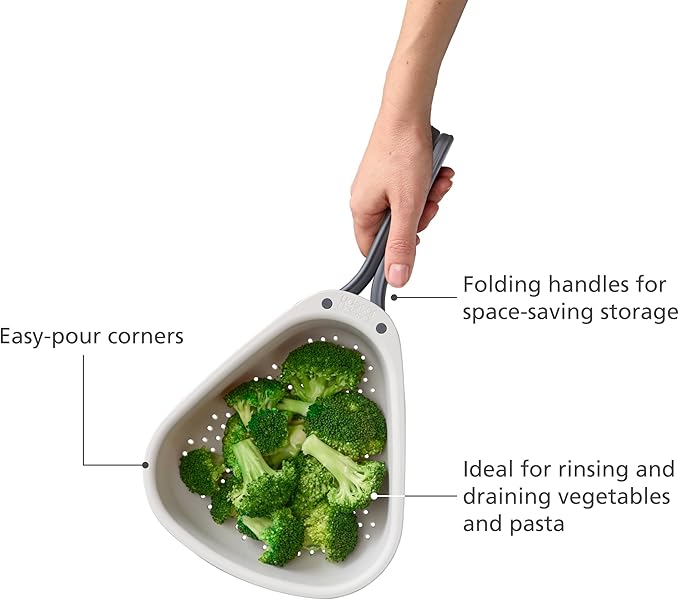 Joseph Joseph Droplet Compact Colander with Folding Handles, Space-Saving Design, Easy-Pour Corners, for Draining Vegetables, Pasta, Fruits