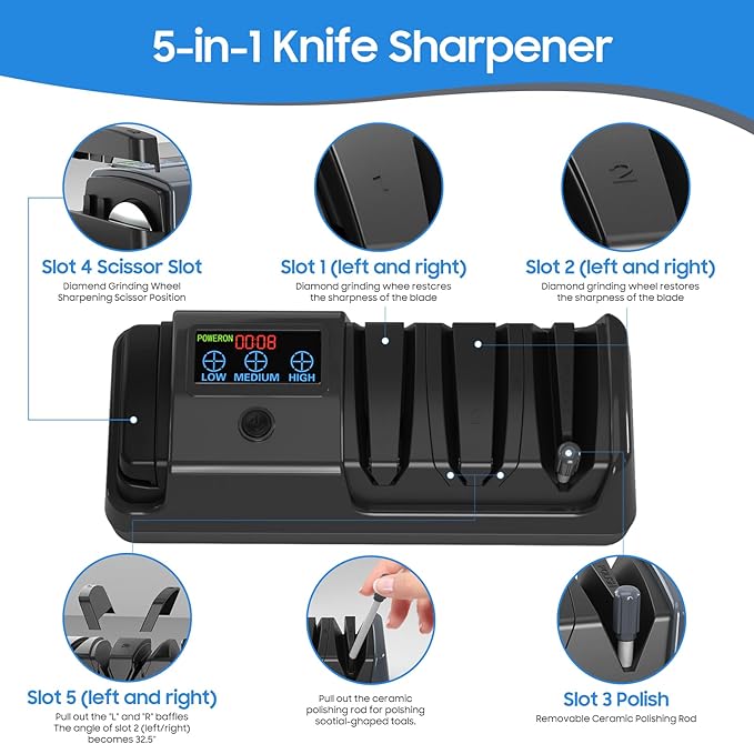 5-in-1 Electric Knife Sharpener for Kitchen Knives, with 100% Diamond Abrasives, 3 Adjustable Speeds, Quickly Sharpening for Straight/Serrated/Kitchen Knives, Scissors