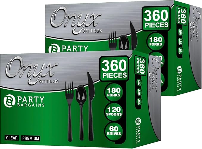 PARTY BARGAINS Onyx Settings Black Plastic Cutlery Set 720‑Piece – 360 Forks, 240 Spoons, 120 Knives – Heavy‑Duty Disposable Utensils for Parties, Weddings, Buffets, BBQs & Catering – BPA Free