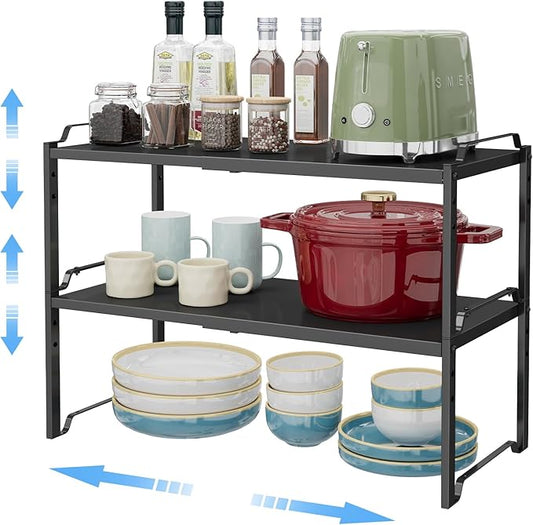 2 Pack 11” Width Expandable Kitchen Cabinet Organizer Shelves, Metal Kitchen Countertop Organizers and Storage Shelving, Heavy Duty Stackable Storage Rack Shelf For Pantry Cupboard Counter Tabletop