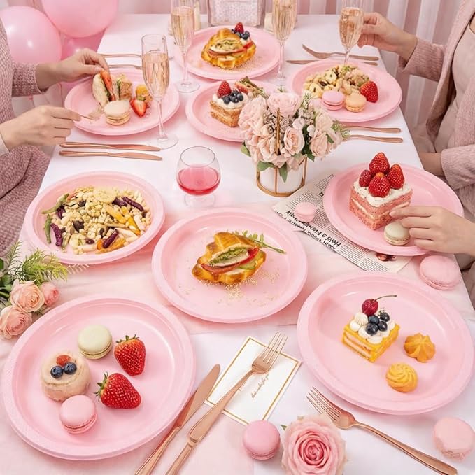 WELLIFE Pink Plastic Plates 9 Inch -150 Count for Party, Disposable Plastic Party Plates for Valentine's Day Easter Mother's Day Baby Shower Dinner Dessert Cake Light Pink