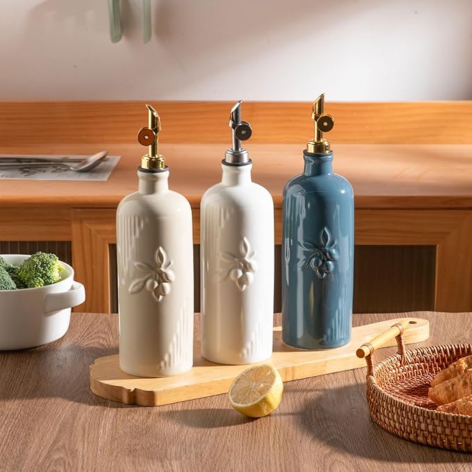 Sweejar Ceramic Olive Oil Dispenser Bottle for Kitchen Counter, 20 oz Oil Dispenser with Spout, Avocado Oil Cruet for EVOO, Vinegar, Oil Container for Cooking, Pack of 1 (Fog Blue)