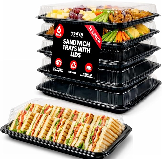 TRAYA Pack of 6 Serving Tray with lid - Reusable Catering Trays with Lids 13'' Long for Meal Prep, Cakes, Treats and Sandwiches (13 * 2.7 * 9.4inch)