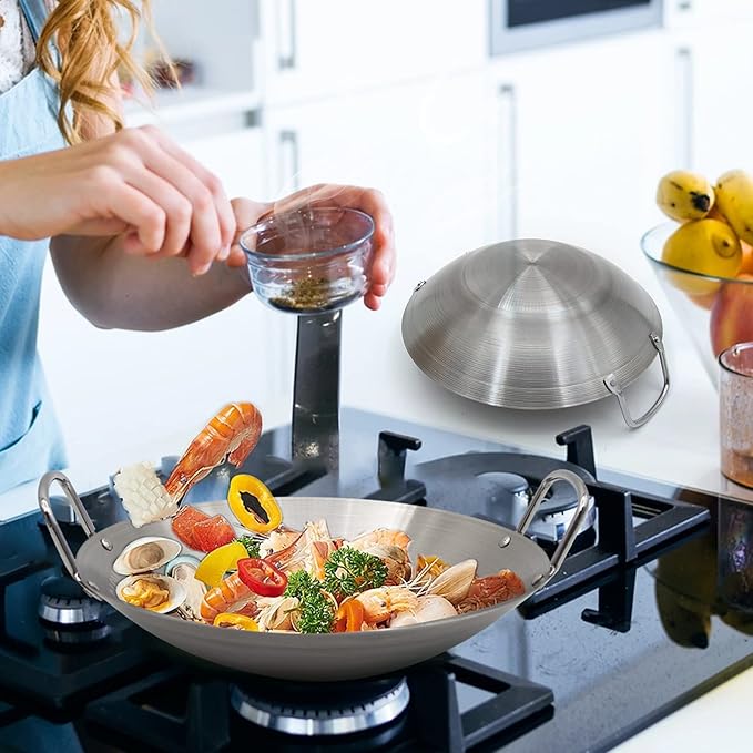 Stainless Steel Wok 10 Inch/ 26cm, Round Bottom Dual- Handled Heavy Wok, Traditional Canton Style Frying Pan Multi- Cooking Wok Stir Fry Pan for Kitchen Restaurant Home (Small)