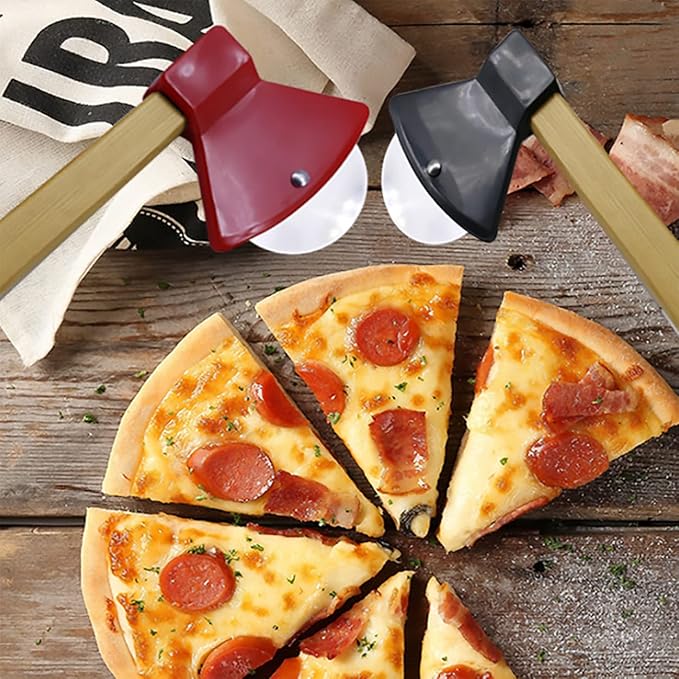 2Pcs Pizza Cutter Wheel, Axe Shaped Stainless Steel Pizza Knife With Bamboo Handles and Sharp Rotating Blades, Pizza Slicer Rolling Cutter for Pies, Cookies, Bread, Cakes (Black & Red)
