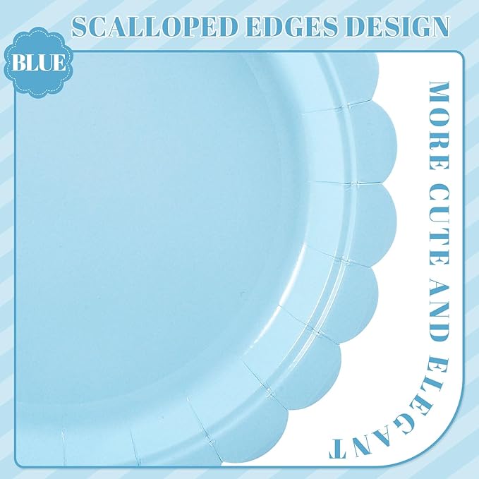 30 Pcs Light Blue Plates, Boy Baby Shower Decorations 9 Inch Scalloped Baby Blue Dessert Party Plate Cute Paper Plate for Easter Party, Birthday, Wedding, Bridal Shower