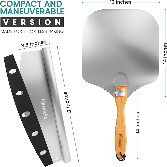 Aluminum Pizza Peel & Rocker Cutter Set (12" x 14") Premium Stainless Steel Pizza Paddle with Foldable Wooden Handle, Lightweight Pizza Spatula with Storage Bag for Oven & Outdoor Pizza Maker