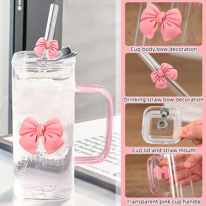 13Oz Square Glass Cups with Lids and Straws，Heat Resistant Glass Tumbler with Handle Bow Knot Transparent Drinking Glasses for Water,Juice,Iced Coffee,Milk,Tea (pink)