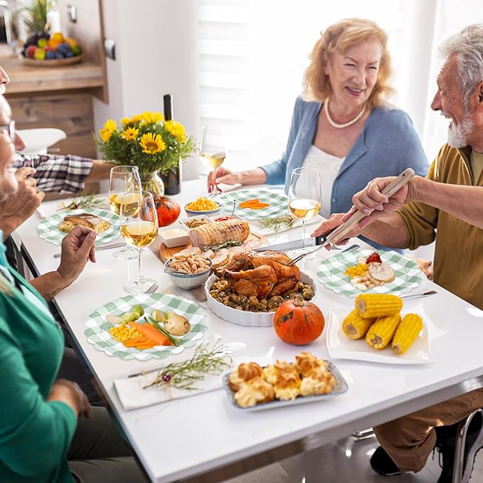 48 Pcs 7" Green Gingham Paper Plates Light Green & White Scalloped Checkered Party Plates, Pastel Plaid Dessert Table Supplies for BBQ Gathering Picnic Baby Shower Birthday Dinner Party Tableware