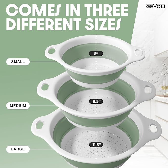Collapsible Colanders (3 Pack Set) Food Strainers with Over-Sink Water Draining Base for Pasta Fruits and Vegetables, White/Sage (3 Sizes, 3QT, 4QT and 5 Quart)