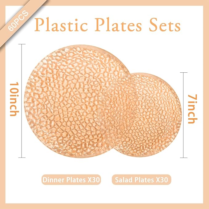 Rubtlamp 60Pcs Orange Plastic Plates, Orange Plastic Disposable Plates With Hammered Design, Party Platos Fancy Disposable Platos Include 30Dinner Plate,30Desssert Plate For Spring Easter