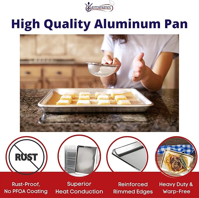 KITCHENATICS Aluminum Half Sheet Size Baking Pans, Nonstick Cookie Sheets for Baking, Oven Safe Baking Sheet Pans, Heavy Duty 1/2 Commercial Baking Sheets for Oven - 13.1" x 17.9" IN, Set of 2