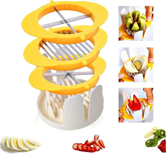 3-In-1 Egg Slicer with Blades, Stainless Steel Egg Cutter for Hard Boiled Eggs, Multi-purpose Food Slicer to Cut Fruits into Fourth Sixth or Slices, Heavy Duty Dishwasher Safe, Yellow