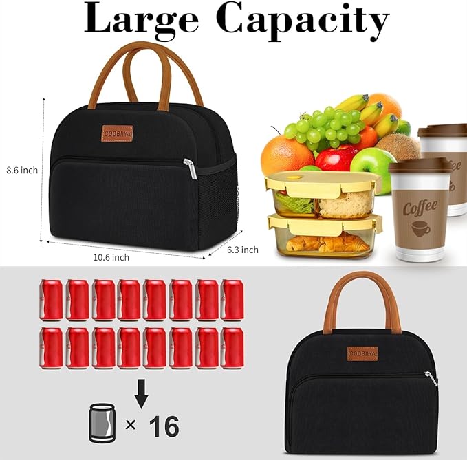 Coobiiya Lunch Box Lunch Bag for Women Men,Reusable Cute Lunch Pail bag,Leakproof,Insulated LunchBox Tote Compact 10L, Cooler Lunch Container for Work Travel Office (Black)