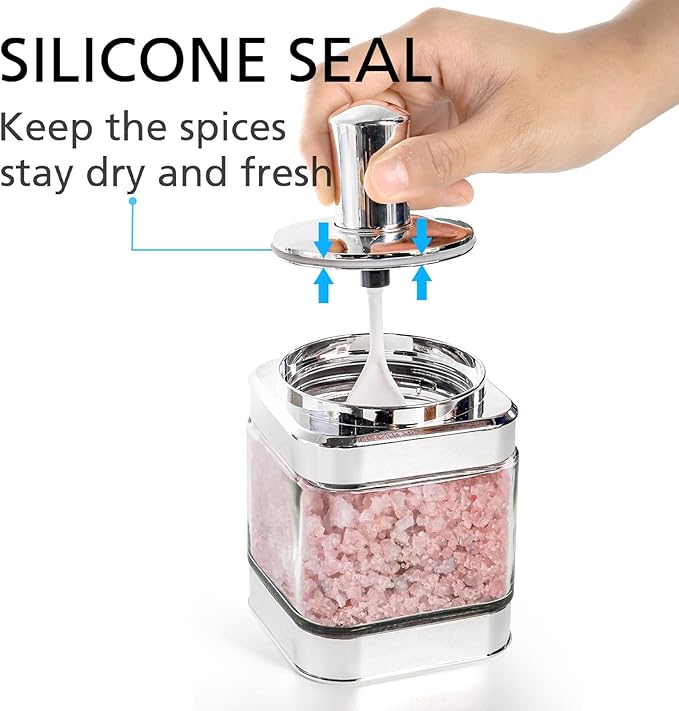 2 Pack Glass Condiment Pot, 12 Ounce Spice Jars with Spoon, Seasoning Box Set Salt Container, Sugar Dispense, Kitchen Containers for Flour and Sugar (Silver)