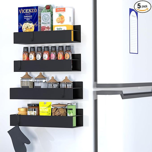 Metal Magnetic Spice Rack for Refrigerator – 4 Pack Strong Magnet Organizer Shelves with Notepad – Black Heavy-Duty Spice Storage for Kitchen, Pantry, Laundry, Apartment, RV