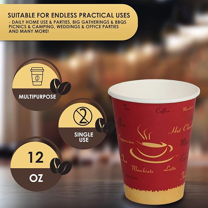 PAMI Disposable Coffee Cups, Single-Use Paper Cups, To-Go Hot Beverage Cups for Espresso Coffee Tea Hot Chocolate, Leak Resistant, Cafe & Home Use (1000, 12oz)