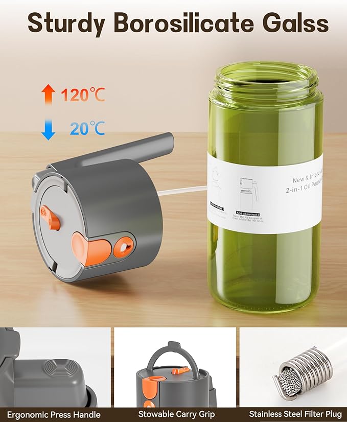 Upgrade 2 in 1 Oil Sprayer for Cooking, 17oz Light-Blocking Glass Olive Oil Dispenser Bottle for Kitchen,Food-Grade Oil Mister with 8 Stickers for Salad, Frying (Green Bottle-Grey Gap)