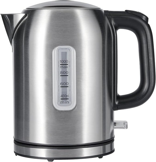Amazon Basics Electric Kettle, Tea Kettle & Water Boiler with Auto Shut-Off, Boil Dry Protection, Strix Thermostat, BPA-Free, 1500W, 1.1Qt (1L), Stainless Steel, New Model, Black & Silver