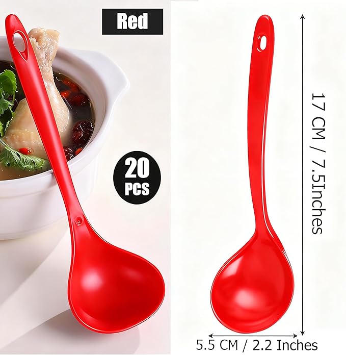 Large Plastic Serving Spoons,Disposable Heavy Duty Serving Spoons,Long Handle Scoop Soup Rice Ladle for Party Catering Buffet Restaurant,20 Pieces (Red)