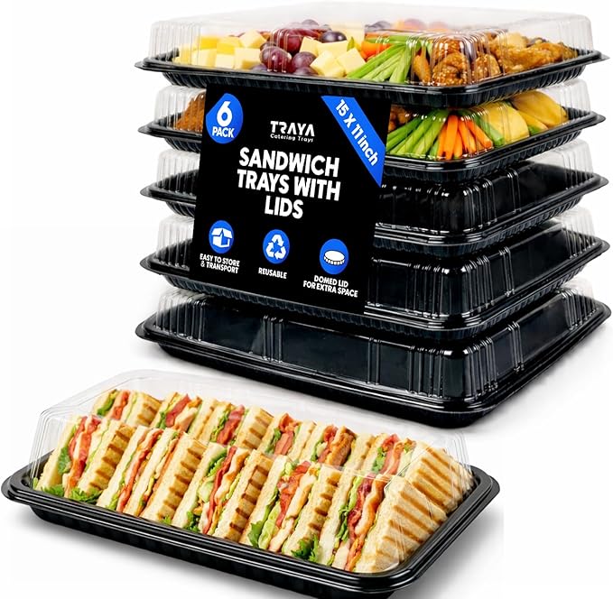 TRAYA Pack of 6 Serving Tray with lid - Reusable Catering Trays with Lids 13inch Long for Meal Prep, Cakes, Treats and Sandwiches (15.35 × 11.42 × 2.95inch)