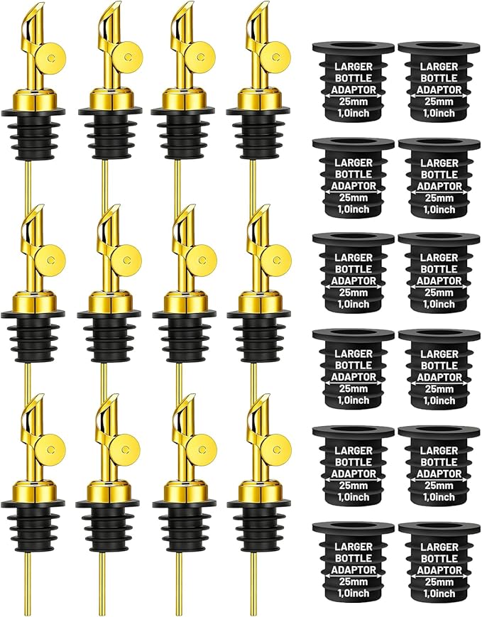 12 Pack Olive Oil Pour Spout with Adapters, Oil Pourer for Olive Oil Dispenser Bottle, Easily Turn Your Bottles into Dispensers for Liquor, Vinegar, Oils, Syrup, Liquor Bottle Pourers, Gold