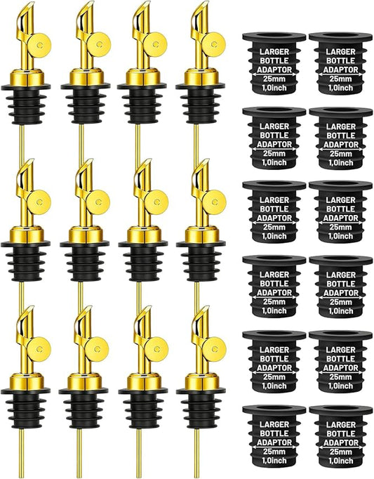 12 Pack Olive Oil Pour Spout with Adapters, Oil Pourer for Olive Oil Dispenser Bottle, Easily Turn Your Bottles into Dispensers for Liquor, Vinegar, Oils, Syrup, Liquor Bottle Pourers, Gold