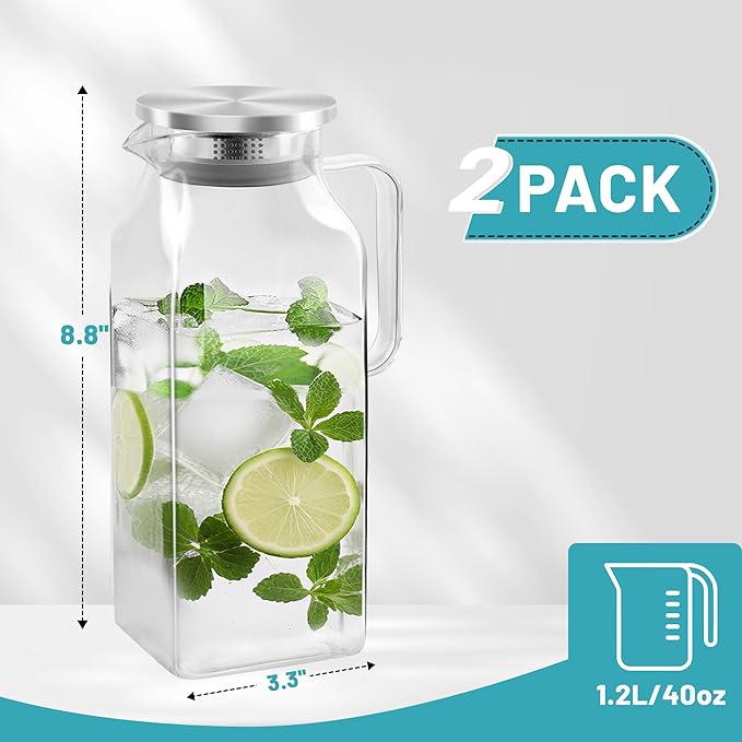 40.5 oz Square Glass Pitcher with Lid and Spout, Lightweight Water Pitchers for Hot/Cold Drink, Borosilicate Jugs, Heat Resistant, Glass Carafe with Handle,Ideal for Fridge Storage(2Pack)