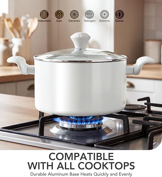 MICHELANGELO Stock Pot with Lid, 6 Quart Soup Pot with Lid, Nonstick Ceramic Cooking Pot with Stay-Cool Handle, Induction Compatible - 6QT, White