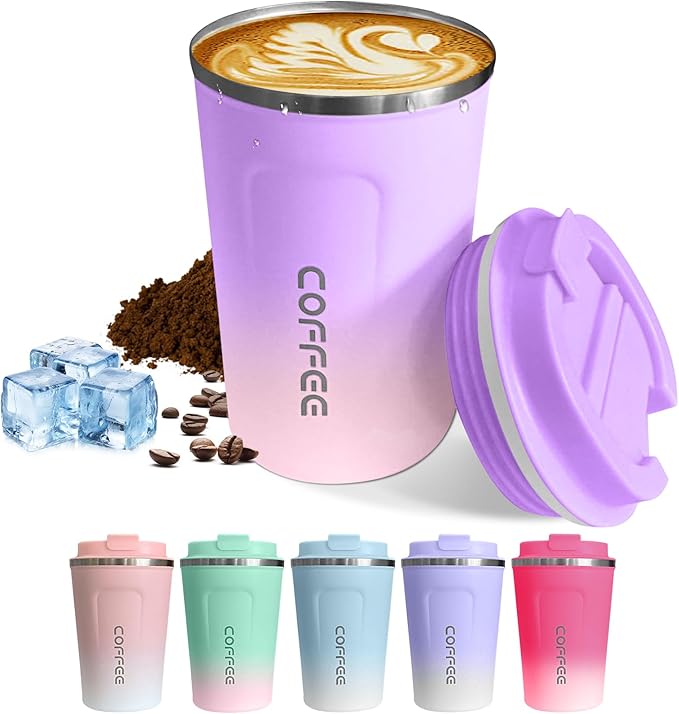 Travel Coffee Mug Leak-Proof, Reusable Coffee Cups with Lid, Stainless Steel Vacuum Insulated Coffee Tumblers, Thermal Insulation Cup for Men and Women Hot & Cold Drinks(2nd-Purple Pink, 12OZ)