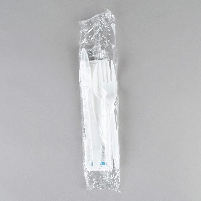 250 White Plastic Cutlery Packets - Knife, Fork, Spoon & Napkin Sets with Salt & Pepper - Individually Wrapped, Disposable Silverware