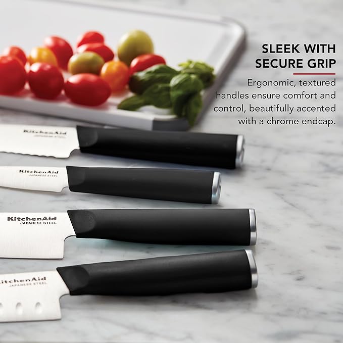 KitchenAid Chef Set with Custom Fit Covers, Sharp Kitchen Knife, High-Carbon Japanese Stainless Steel Blade, 4 Piece, Black